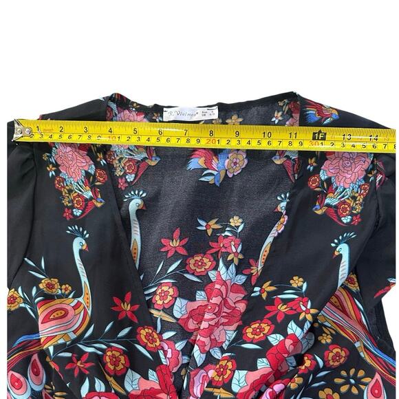 Women's Small Boho Peacock Floral V Neck Hi Low Ruffle Button Down Maxi Dress - Picture 12 of 16